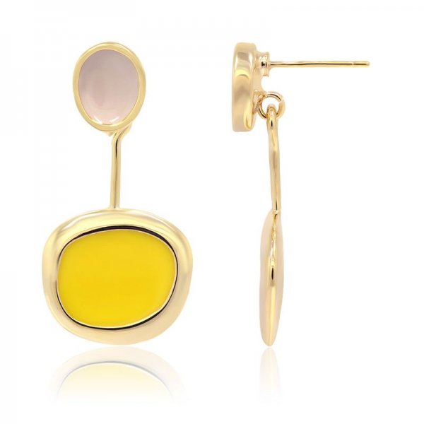 Color Enamel Disc With Two Tone Earrings -Beige & Yellow