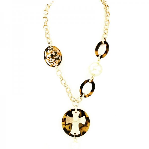 Tortoise Pearl and Cross Pendant Necklace