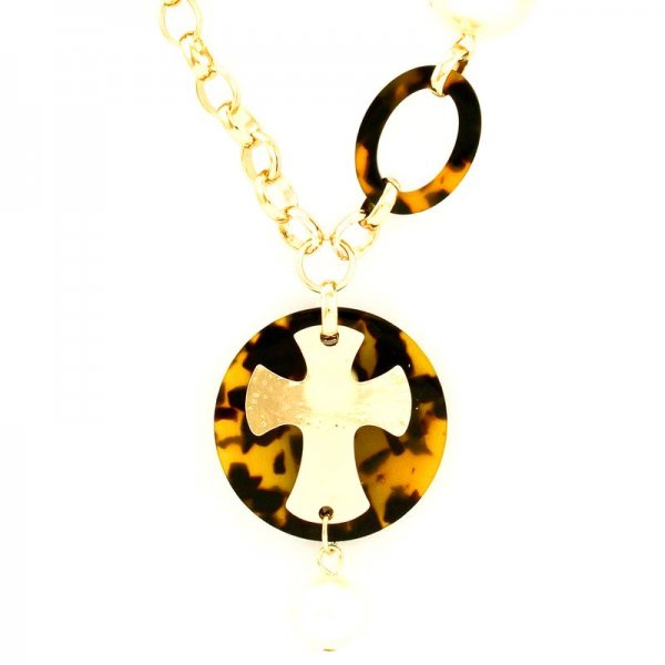 Tortoise Pearl and Cross Pendant Necklace